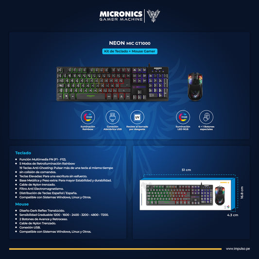 KIT GAMER NEON GT1000 TECLADO + MOUSE USB